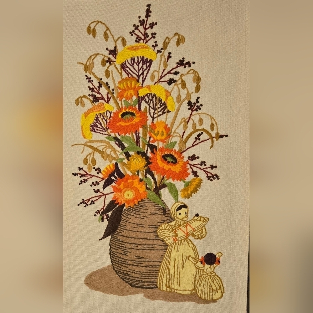 Vintage Embroidered Floral Wall Hanging – Warm Autumn Bouquet Tapestry - Picture 3 of 5